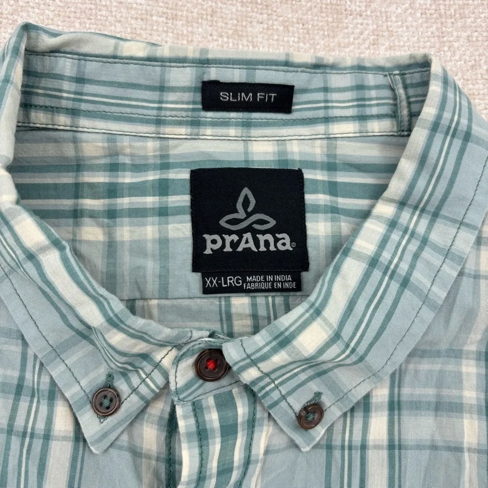 Prana Men's 100% organic cotton Blue Plaid Button Down Shirt XXL slim fit - Picture 3 of 6